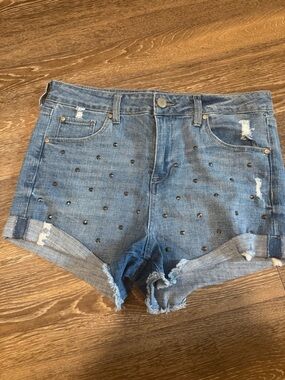 High-Rise Blue Studded Distressed Denim Shorts